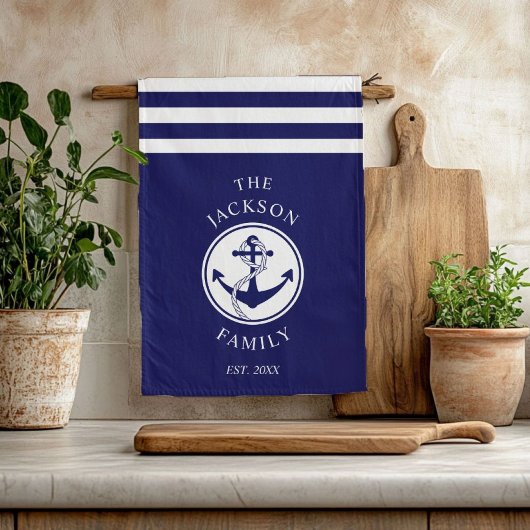 Familienaam Nautical Anchor Blue Stripes Pattern Theedoek