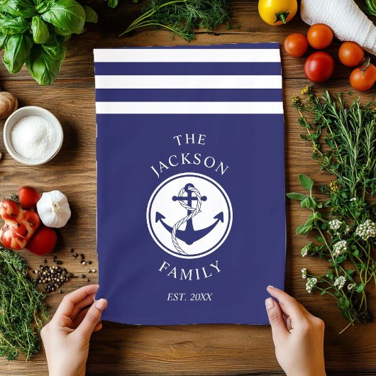 Familienaam Nautical Anchor Blue Stripes Pattern Theedoek