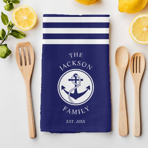 Familienaam Nautical Anchor Blue Stripes Pattern Theedoek