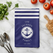 Familienaam Nautical Anchor Blue Stripes Pattern Theedoek