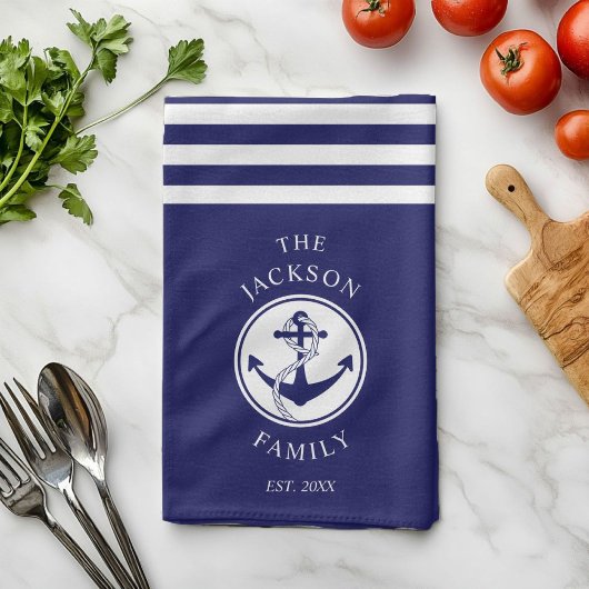 Familienaam Nautical Anchor Blue Stripes Pattern Theedoek