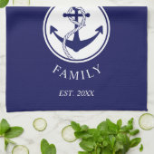 Familienaam Nautical Anchor Blue Stripes Pattern Theedoek (Gevouwen)