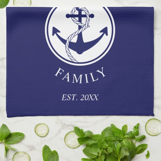 Familienaam Nautical Anchor Blue Stripes Pattern Theedoek (Gevouwen)
