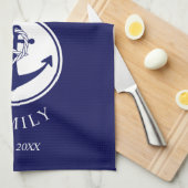 Familienaam Nautical Anchor Blue Stripes Pattern Theedoek (Quarter Fold)