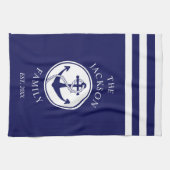 Familienaam Nautical Anchor Blue Stripes Pattern Theedoek (Horizontaal)