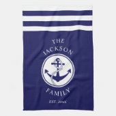 Familienaam Nautical Anchor Blue Stripes Pattern Theedoek (Verticaal)