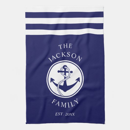 Familienaam Nautical Anchor Blue Stripes Pattern Theedoek (Verticaal)