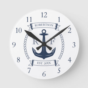 Familienaam Nautical Anchor Monogram Ronde Klok