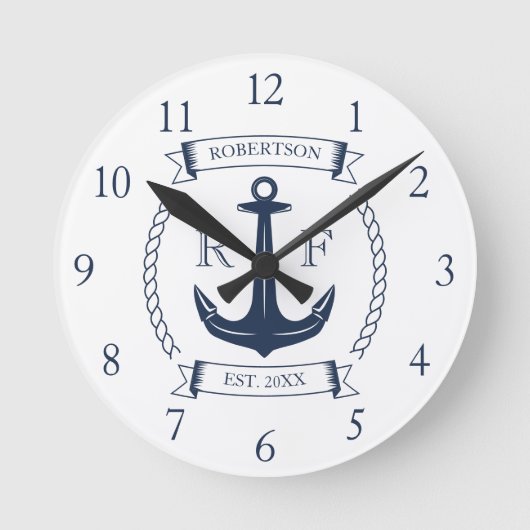 Familienaam Nautical Anchor Monogram Ronde Klok (Voorkant)