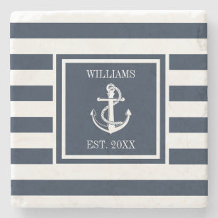 Familienaam Nautical Boat Anchor Navy Blue Stripe Stenen Onderzetter