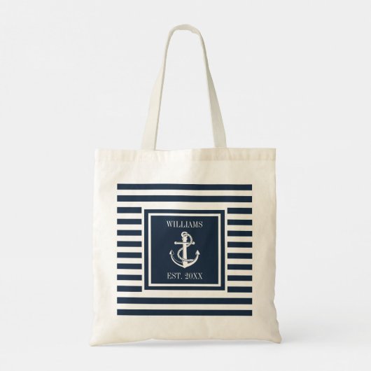 Familienaam Nautical Boat Anchor Navy Blue Stripe Tote Bag (Achterkant)