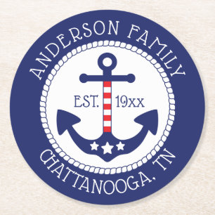 Familienaam Nautical Patriotic Anchor Ronde Kartonnen Onderzetter