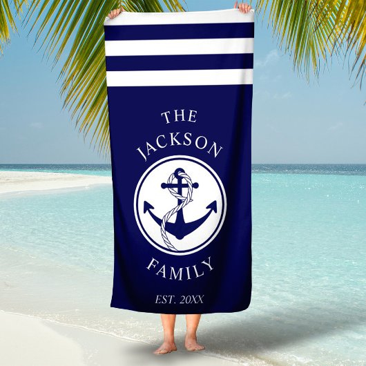 Familienaam Nautical Ship Anchor Stripes Strandlaken