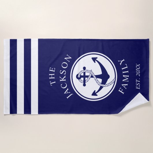 Familienaam Nautical Ship Anchor Stripes Strandlaken (Voorkant)