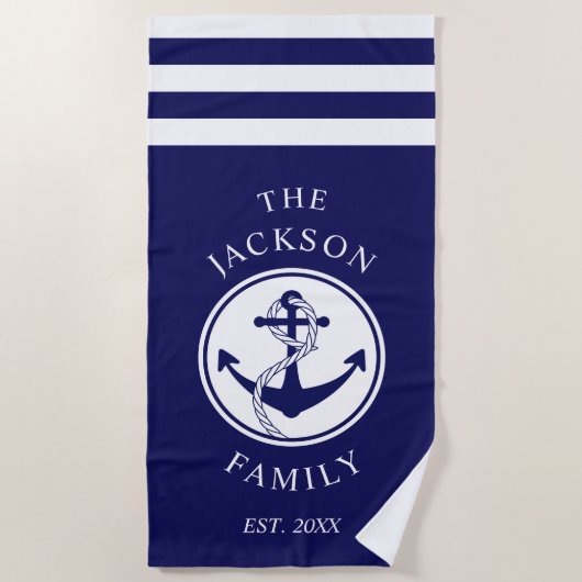 Familienaam Nautical Ship Anchor Stripes Strandlaken (Voorkant)