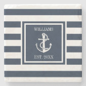 Familienaam Nautilusanker Marineblauwe Streep  Stenen Onderzetter (Voorkant)