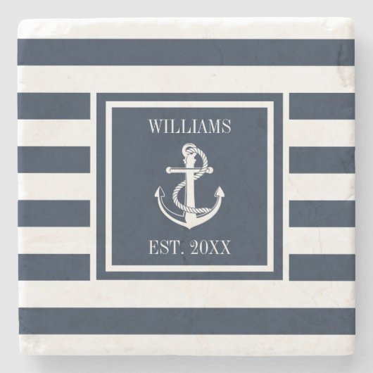 Familienaam Nautilusanker Marineblauwe Streep  Stenen Onderzetter (Voorkant)
