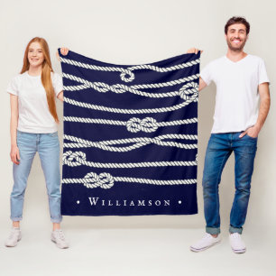 Familienaam Navy and White Nautical Ropes Fleece Deken