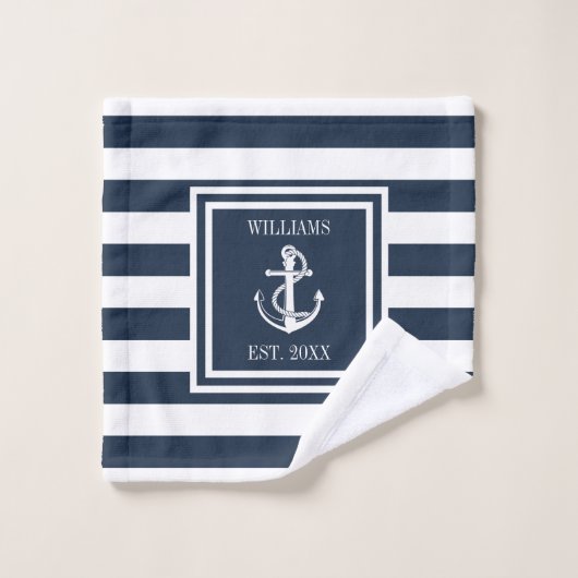 Familienaam Navy Blauwe Streep Zeevaart Anker Bad Handdoek (Wasdoekje)