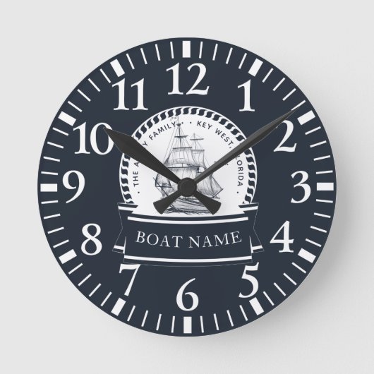 Familienaam Navy Blue Boat Ronde Klok (Voorkant)