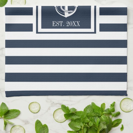 Familienaam Navy Blue Stripe Nautical Anchor Boat Theedoek (Gevouwen)