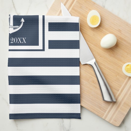 Familienaam Navy Blue Stripe Nautical Anchor Boat Theedoek (Quarter Fold)