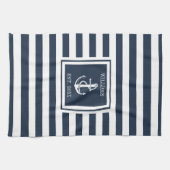 Familienaam Navy Blue Stripe Nautical Anchor Boat Theedoek (Horizontaal)