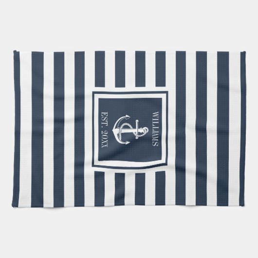 Familienaam Navy Blue Stripe Nautical Anchor Boat Theedoek (Horizontaal)