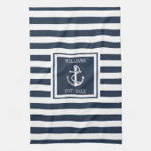Familienaam Navy Blue Stripe Nautical Anchor Boat Theedoek (Verticaal)