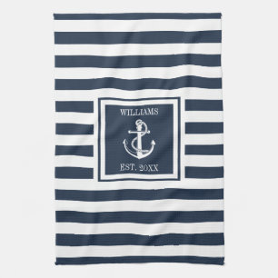 Familienaam Navy Blue Stripe Nautical Anchor Boat Theedoek