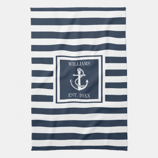 Familienaam Navy Blue Stripe Nautical Anchor Boat Theedoek (Verticaal)