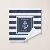 Familienaam Navy Blue Stripe Nautical Boat Anchor Bad Handdoek (Wasdoekje)