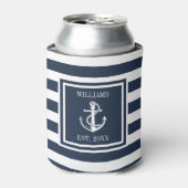 Familienaam Navy Blue Striped Nautical Anchor Boat Blikjeskoeler (Blikje Voorkant)