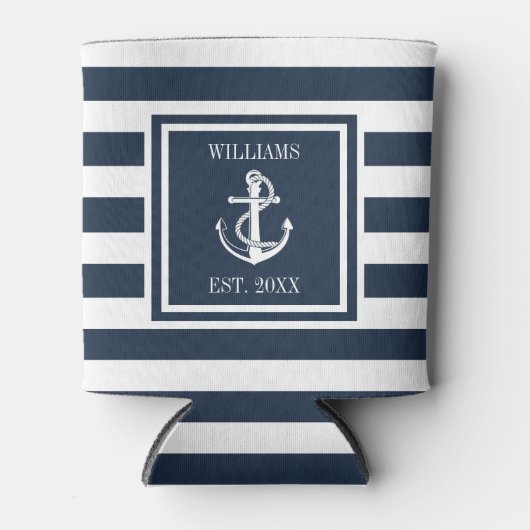 Familienaam Navy Blue Striped Nautical Anchor Boat Blikjeskoeler (Voorkant)