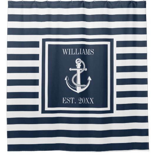 Familienaam Navy Blue Striped Nautical Boat Anchor Douchegordijn (Voorkant)