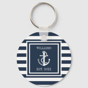 Familienaam Navy Blue Striped Nautical Boat Anchor Sleutelhanger