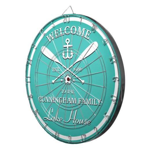 Familienaam | Oars en Anchor Custom Aqua Blue Dartbord (Voorkant Rechts)