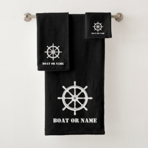 Familienaam of Boat Nautical Shield Wheel Helm Bla Bad Handdoek