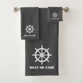 Familienaam of Boot Nautisch Schip Wiel Helm Grijs Bad Handdoek
