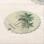 Familienaam op  palmbomen Scallop Kartonnen Onderzetters<br><div class="desc">Onderzetters dragen uw familienaam op een achtergrond van palmbomen op elke vorm van absorberende onderzetters van zwaar pulpbordpapier van 4 x 4 inch - set van 6. Cool accent op uw thuisdecor, bar of geef als cadeau. Een leuk cadeau voor huisopwarming! Gebruik de link Verdere tekst aanpassen om tekst toe...</div>