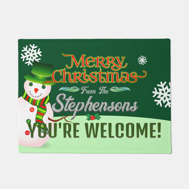 Familienaam op Snowman GREEN Welkom Deurmat (Voorkant)