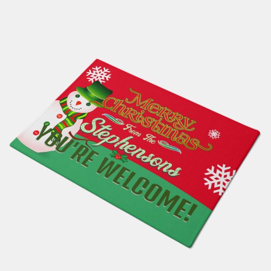 Familienaam op Snowman RED Welkom Deurmat (Schuin)