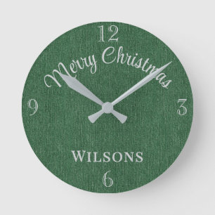 Familienaam Prettig Kerstfeest Groen Denim Print 8 Ronde Klok