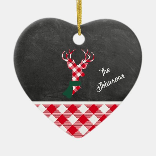 Familienaam Red Plaid Reindeer Chalkboard Keramisch Ornament (Voorkant)