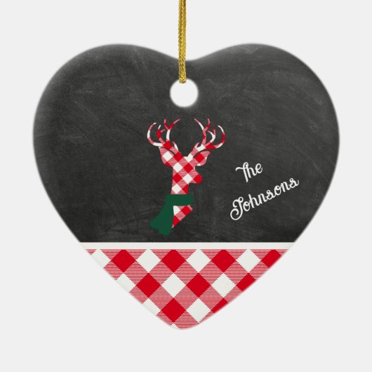 Familienaam Red Plaid Reindeer Chalkboard Keramisch Ornament (Achterkant)