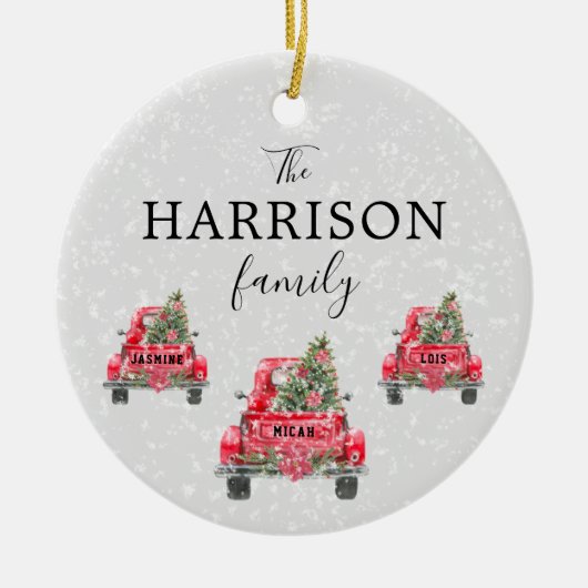 Familienaam Red Truck Kerstboom Holiday Ceram Keramisch Ornament (Voorkant)