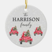 Familienaam Red Truck Kerstboom Holiday Keramisch Ornament (Voorkant)