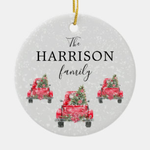Familienaam Red Truck Kerstboom Holiday Keramisch Ornament
