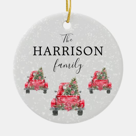 Familienaam Red Truck Kerstboom Holiday Keramisch Ornament (Voorkant)