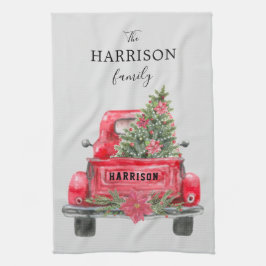 Familienaam Red Truck Kerstboom Holiday Kitch Theedoek